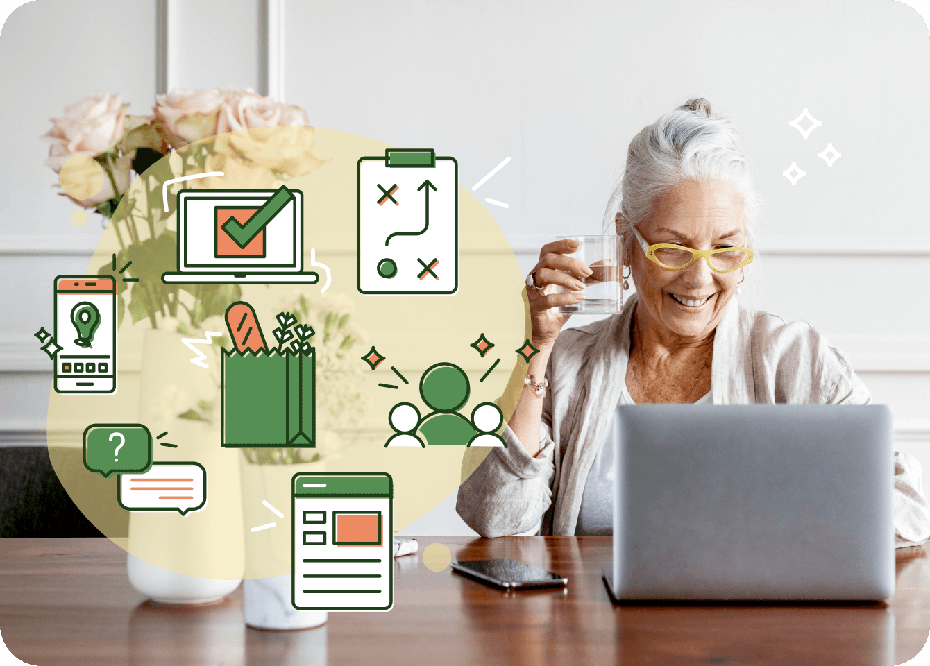 Photo of an older woman receiving quality nutritional counseling from a registered dietitian via a video call on her laptop