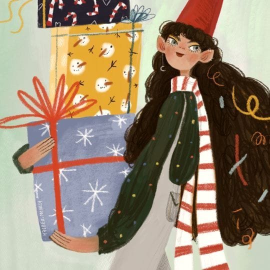 Green illustration of person holding a stack of holiday presents
