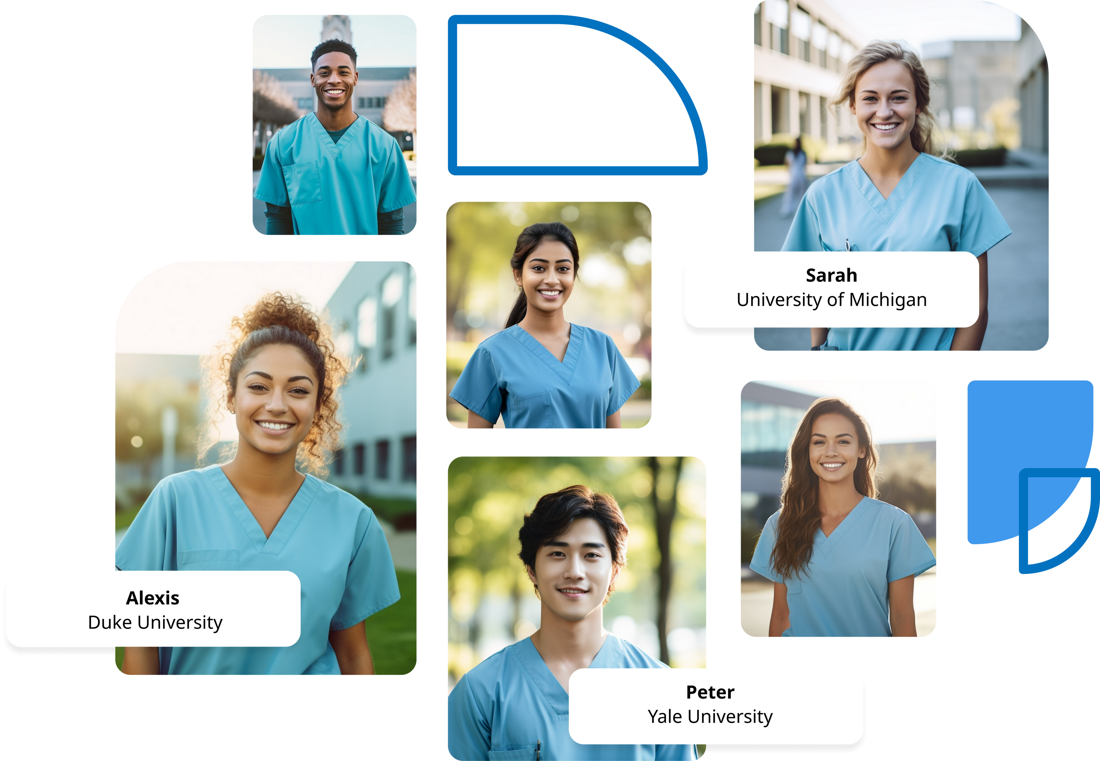 collage of smiling prehealth students dressed in light blue scrubs from Duke University, Yale University, and University of Michigan