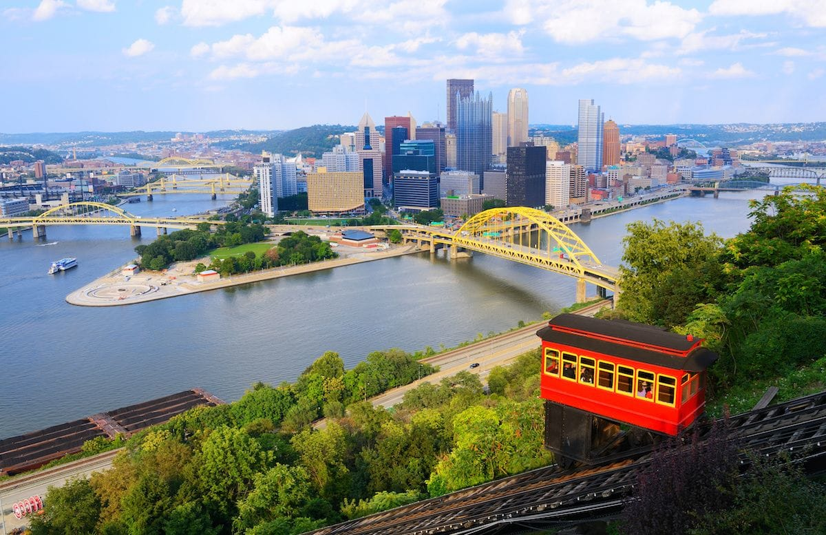 Pittsburgh, MA skyline with rivers and bridges