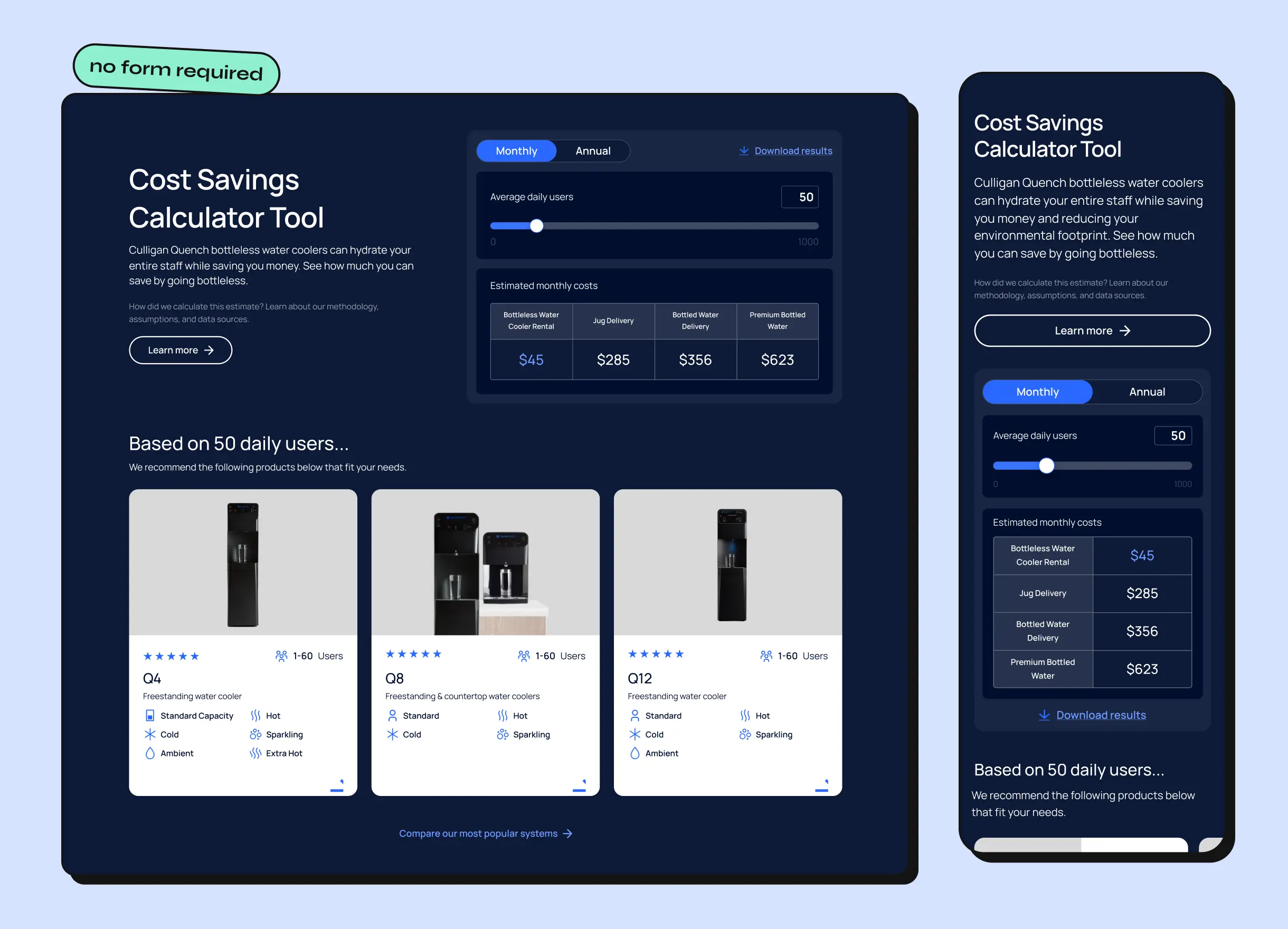 Cost savings calculator with a daily users slider and cost comparison