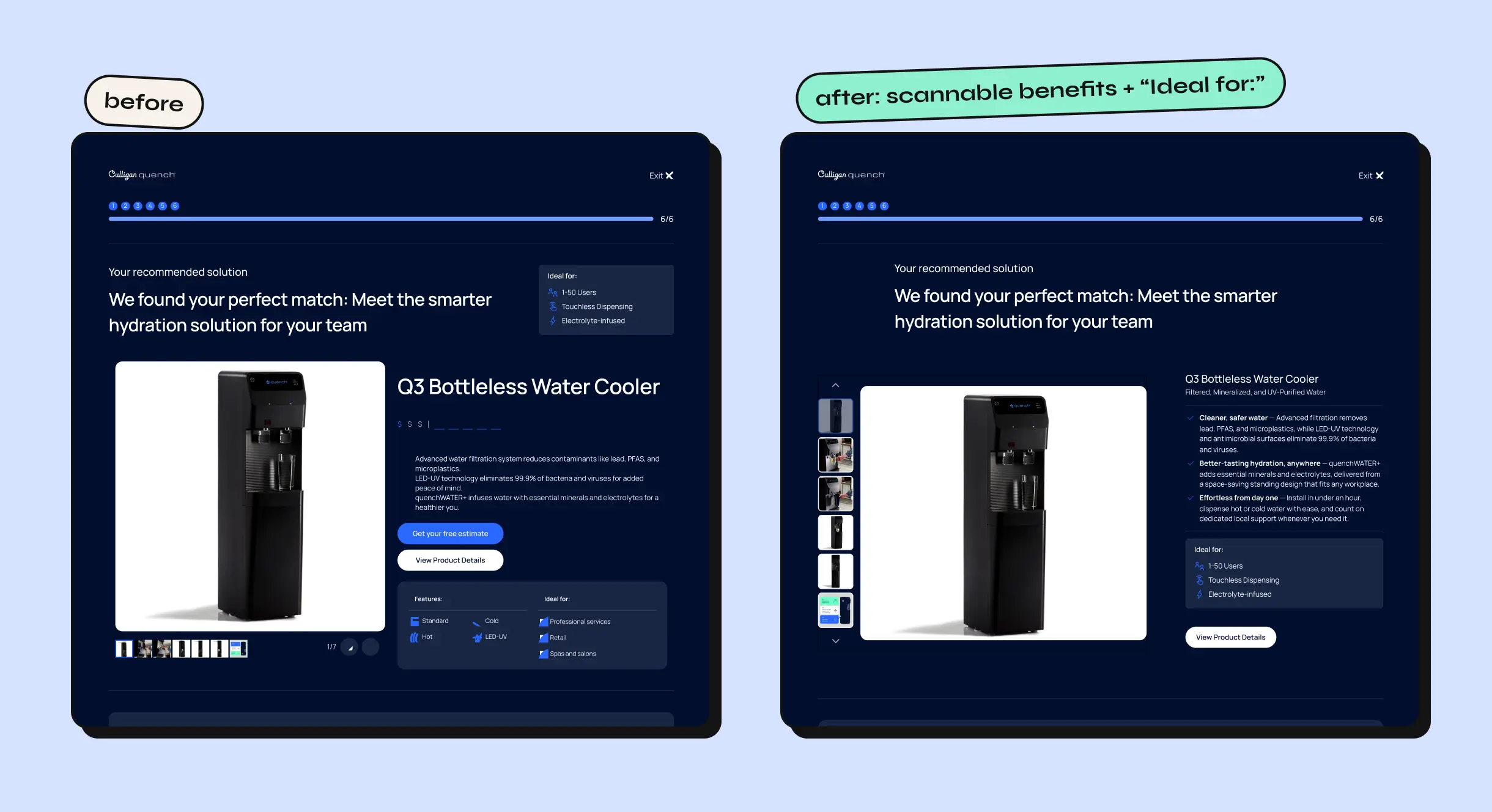 Quiz results page before and after the Ideal for module
