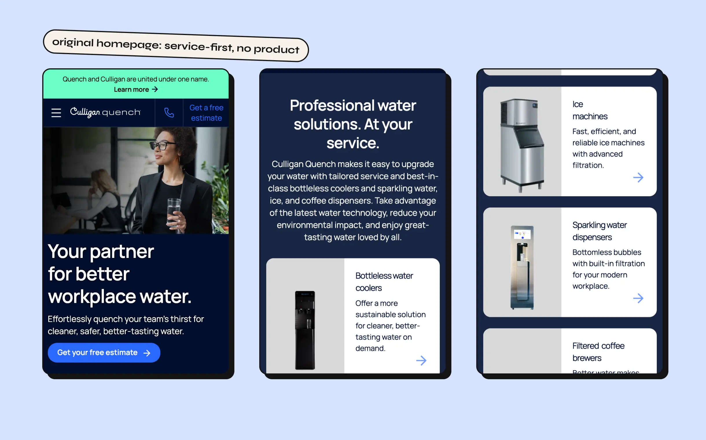 The original Culligan Quench homepage hero, showing an office and staff