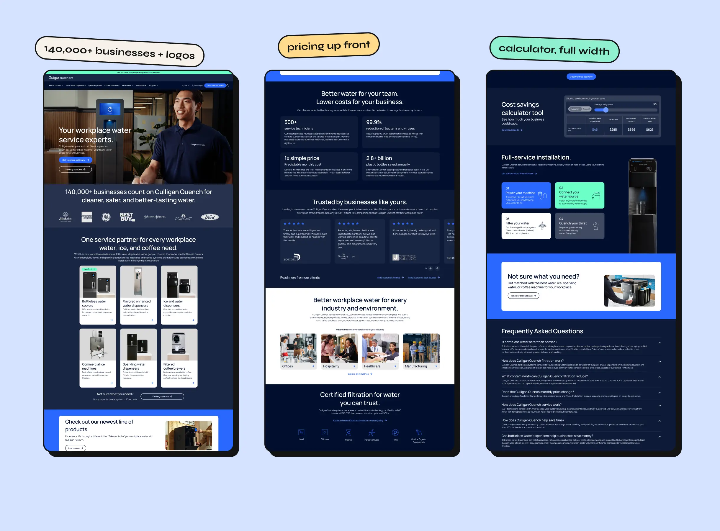 The rebuilt Culligan Quench homepage with the embedded calculator
