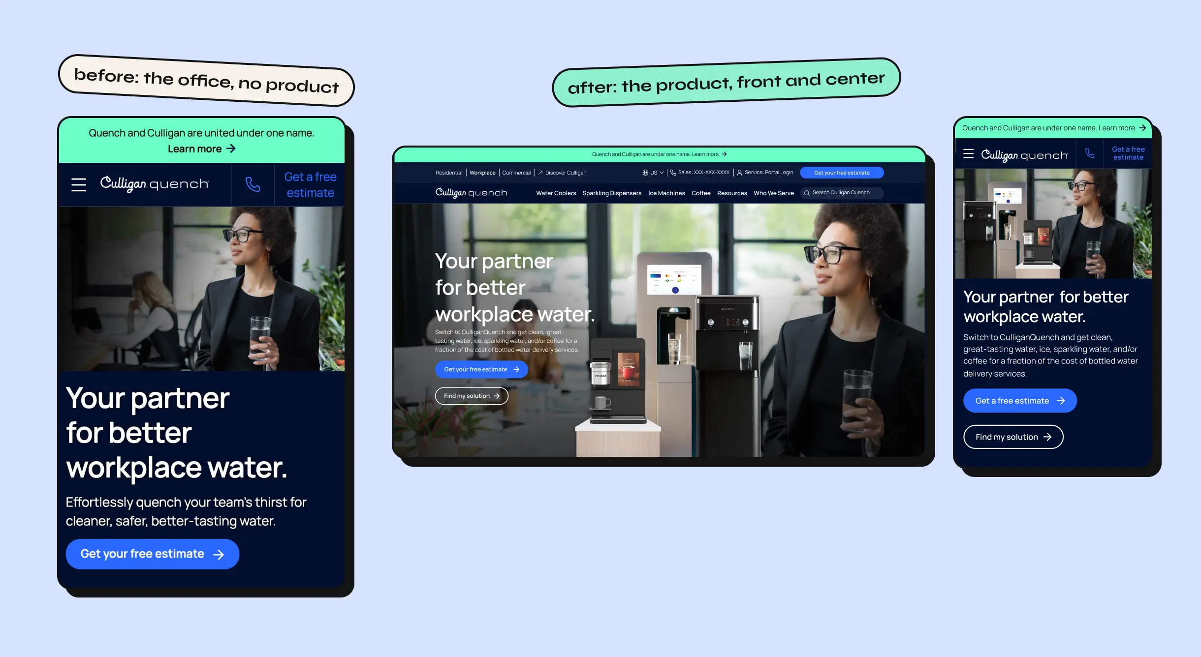 Homepage hero before and after the product-first test