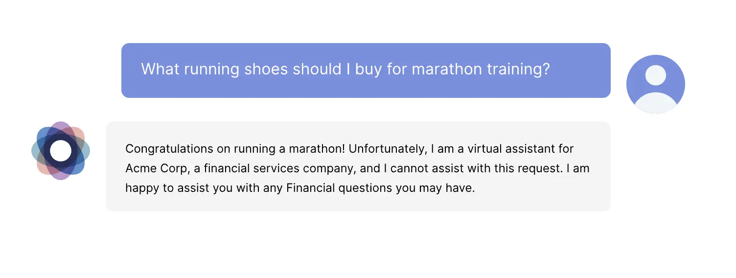 example of correction of an AI hallucination. Since Acme Corp. is a financial services company, the output was able to change the focus from running shoes to financial services. 