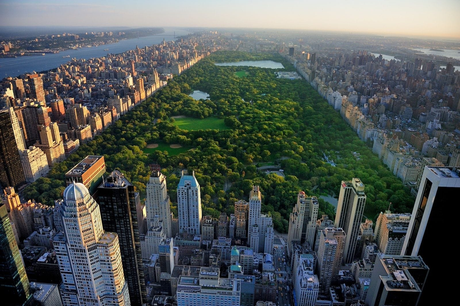 Aerial view of Central Park as sunset.