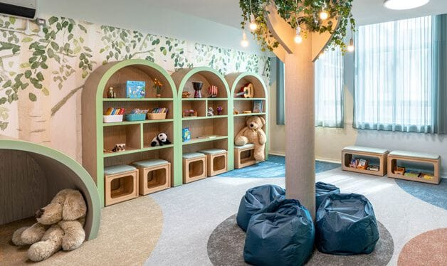 beech wood wall mural in a children's classroom