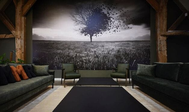 tree and field wallpaper mural in an office breakout space
