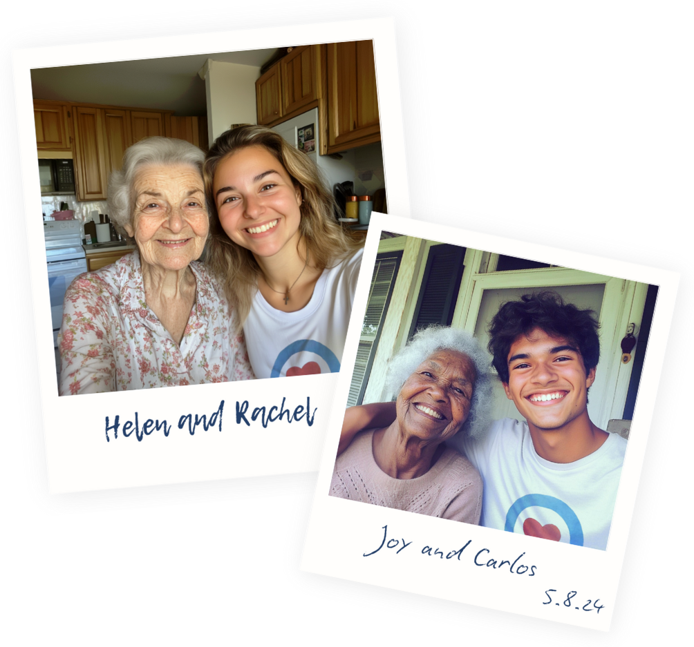 Polaroids of older adults with students in CareYaya t-shirts