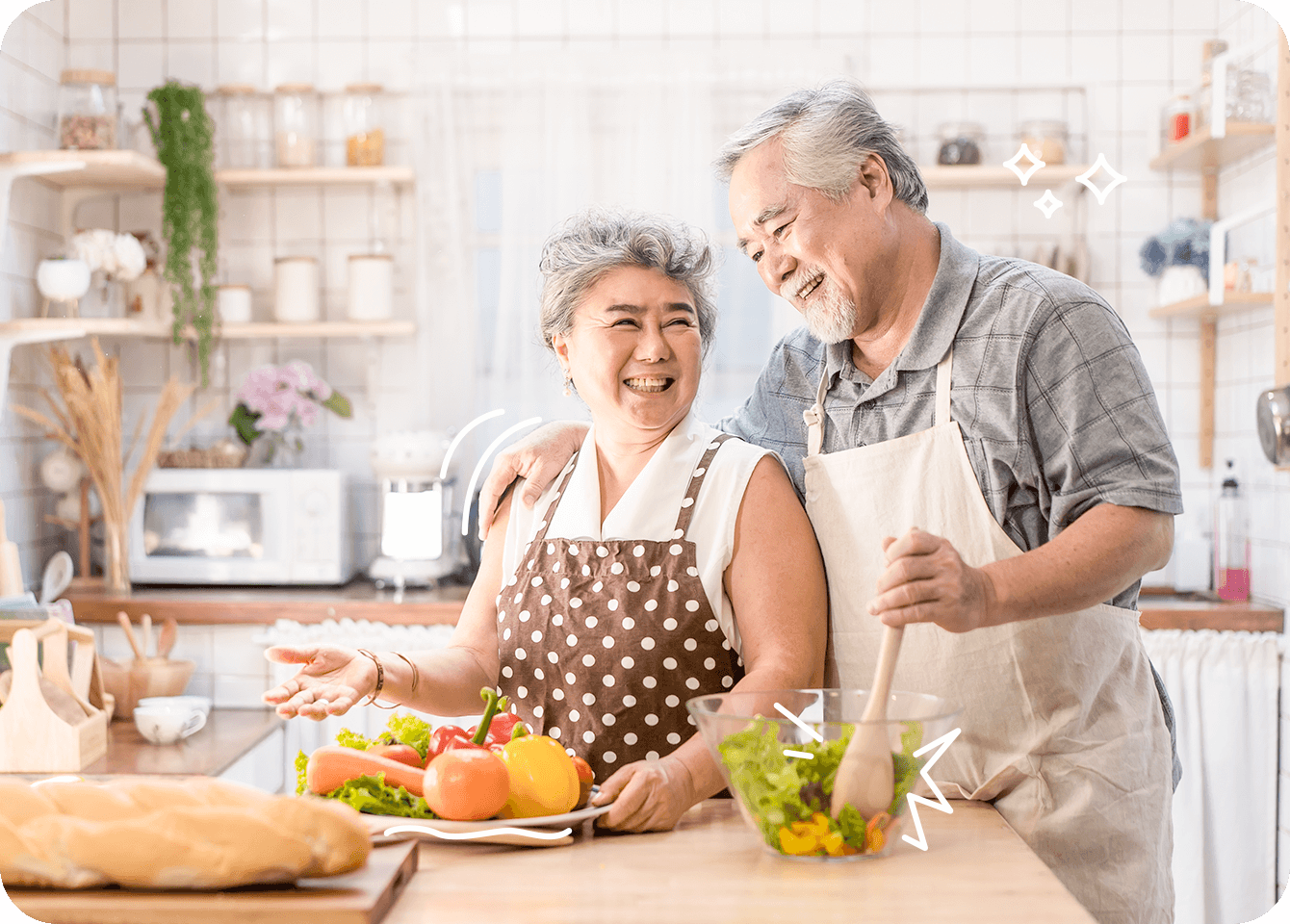 Photo of a happy older couple preparing a nutritious lunch together