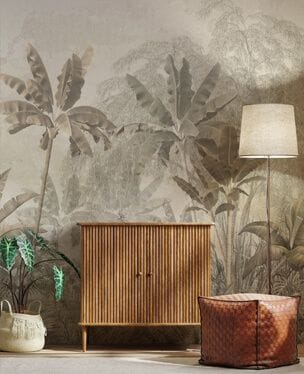 grey jungle wall mural in a living room