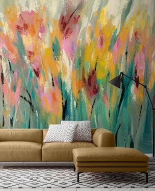 vibrant and colourful abstract floral wall mural in a living room