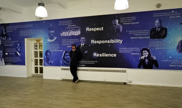 educational wall mural in a high school corridor