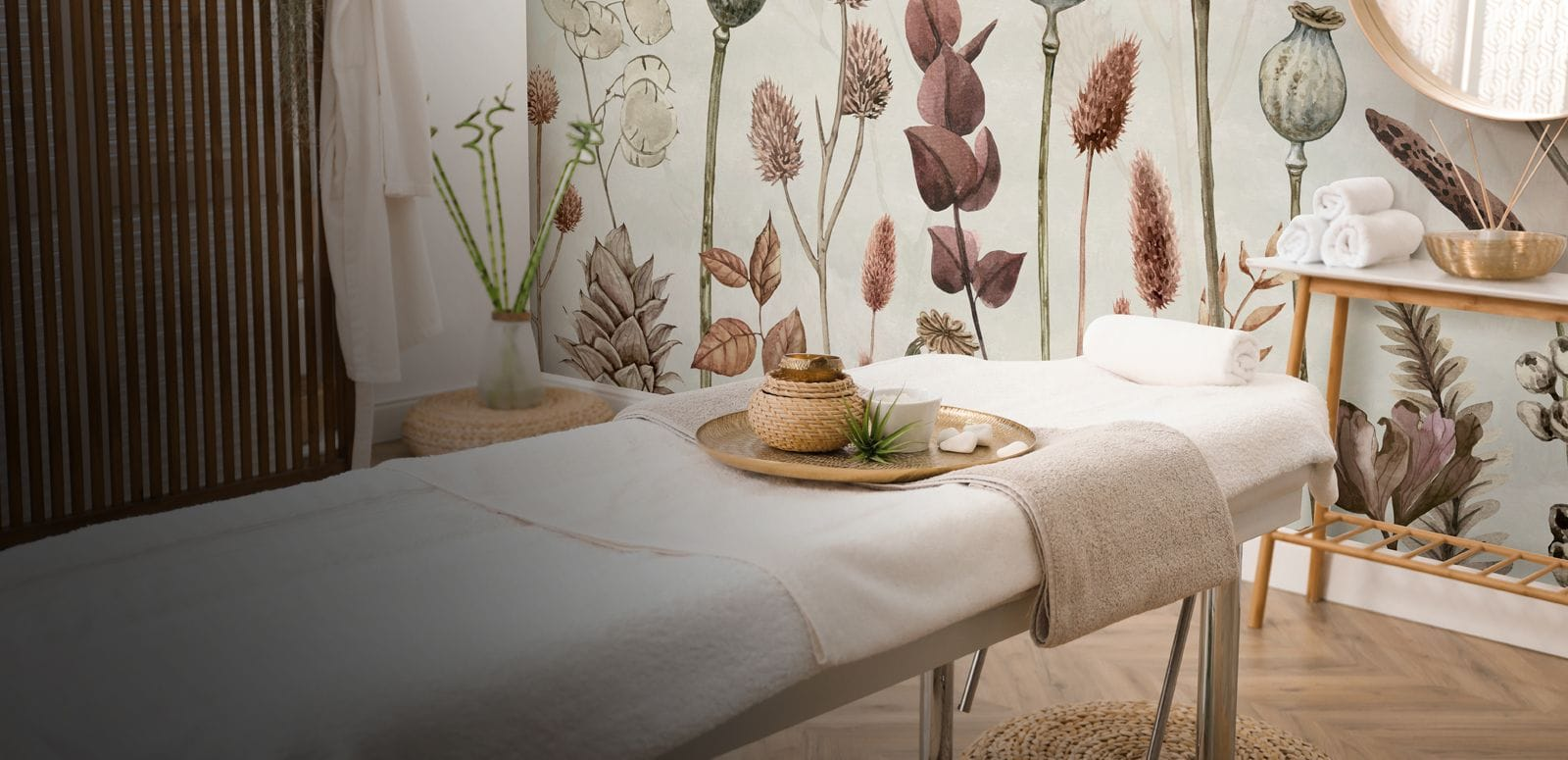 floral wallpaper in a spa wellness studio