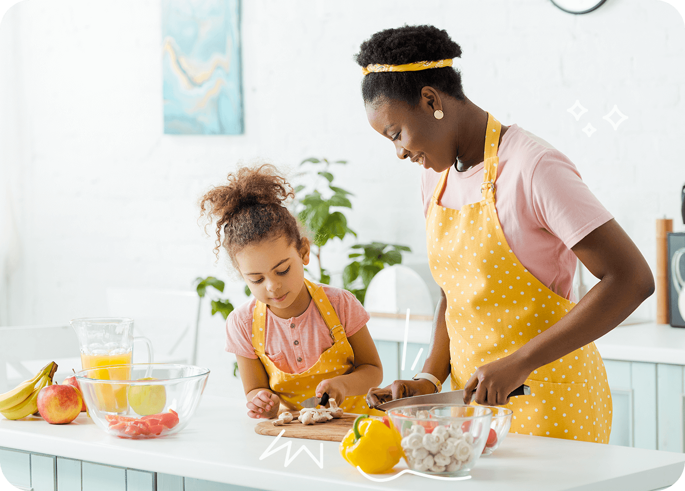 A photo of a happy mother and daughter working on a delicious healthy meal