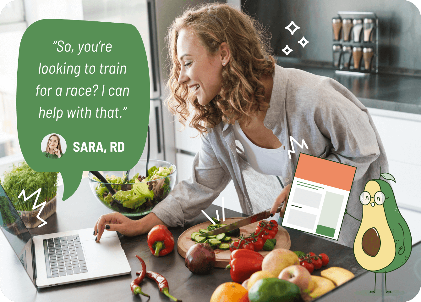 Photo of a happy woman consulting a dietitian while preparing a healthy meal