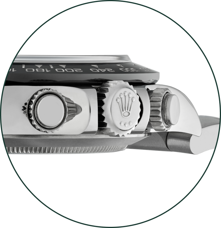 close up shot of a silver watch dial on a white background