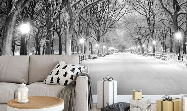 seasonal winter wallpaper mural in a festive living room