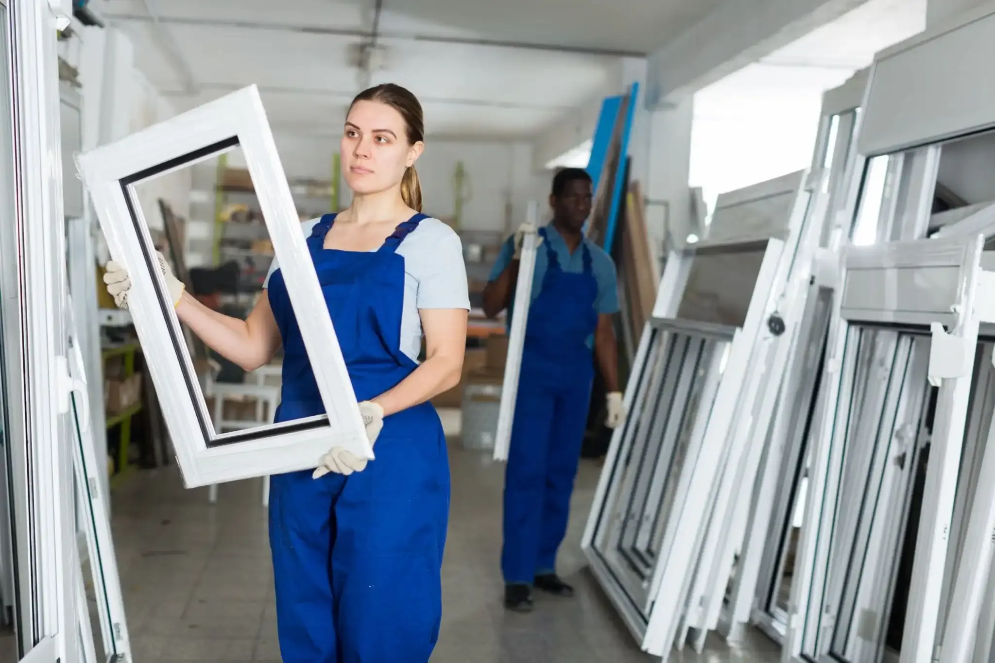 Woman worker holding frame