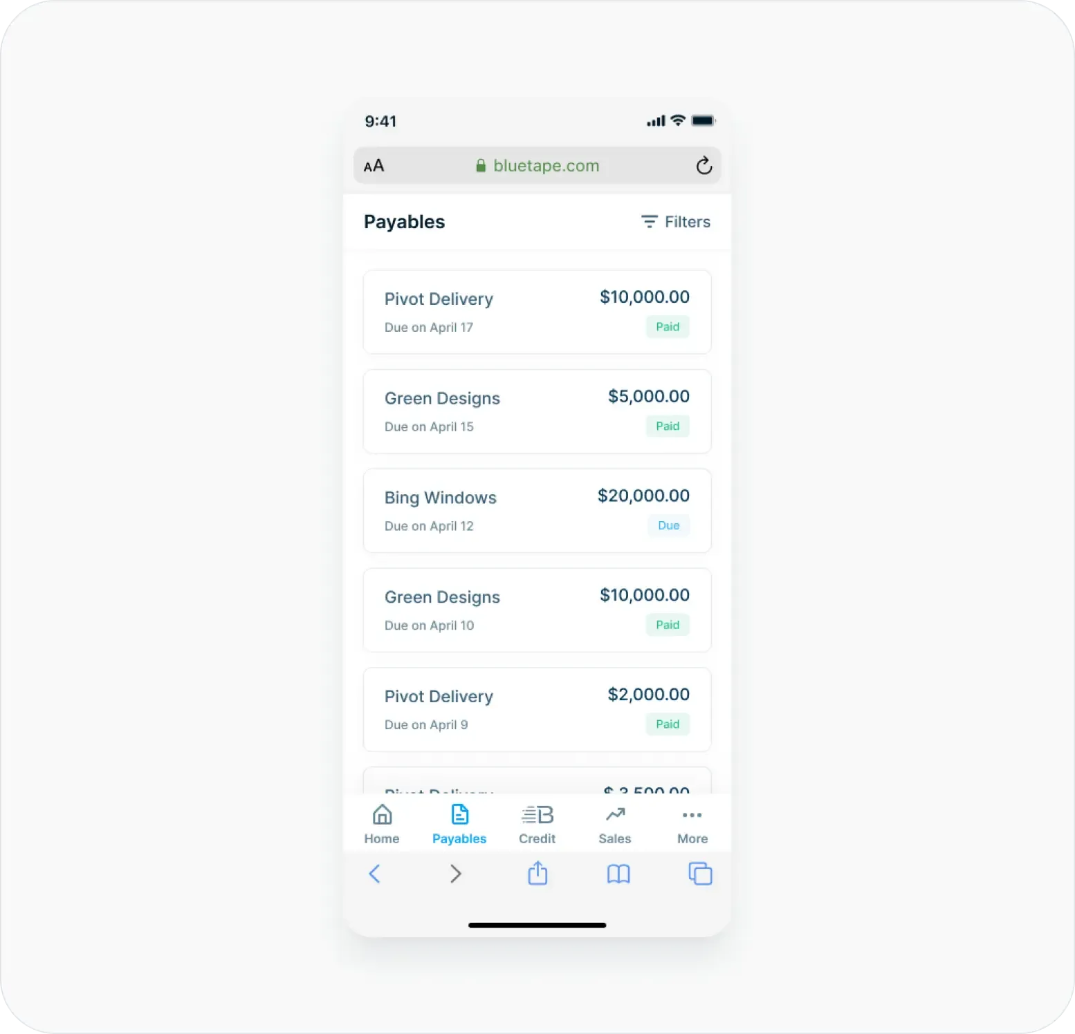 BlueTape payment processing displayed on a mobile device