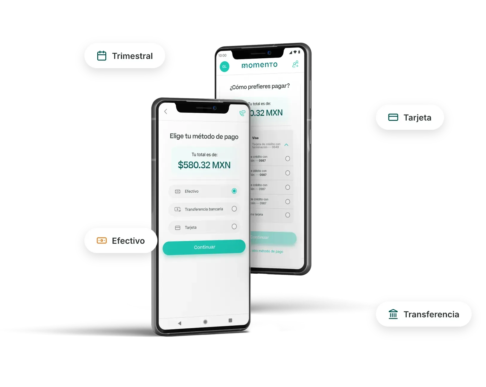 Pantalla de la app de Momento con las formas de pago disponibles: trimestral, tarjeta, efectivo y transferencia