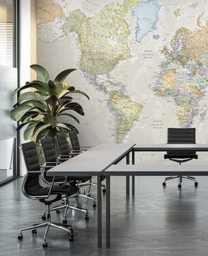 map wallpaper in office boardroom