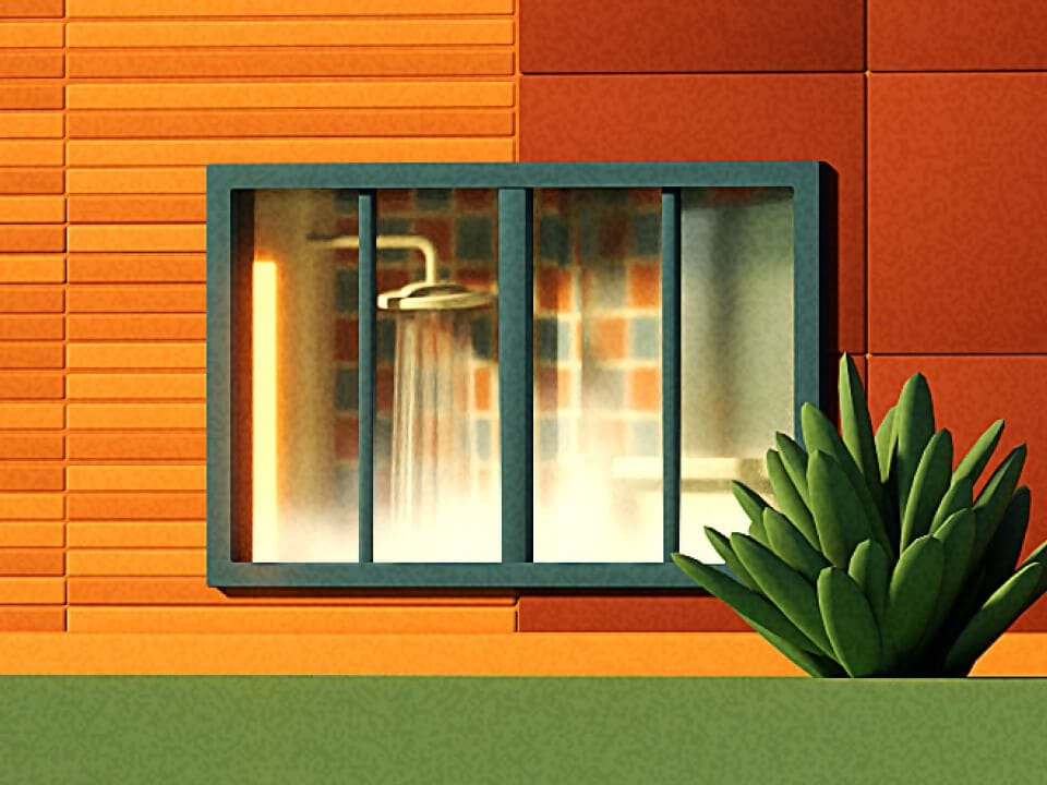 Illustration of hot shower in a home to demonstrate a hot water heater
