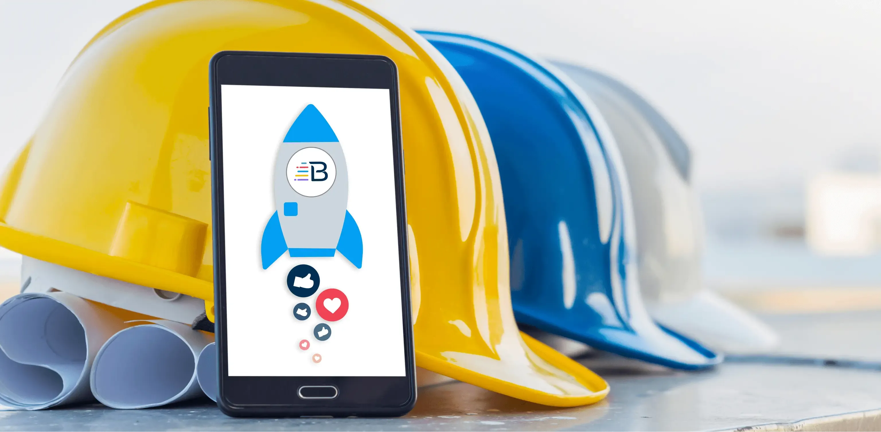 image of rocket ship with BlueTape launching on a phone screen, the phone leaning on a construction hat
