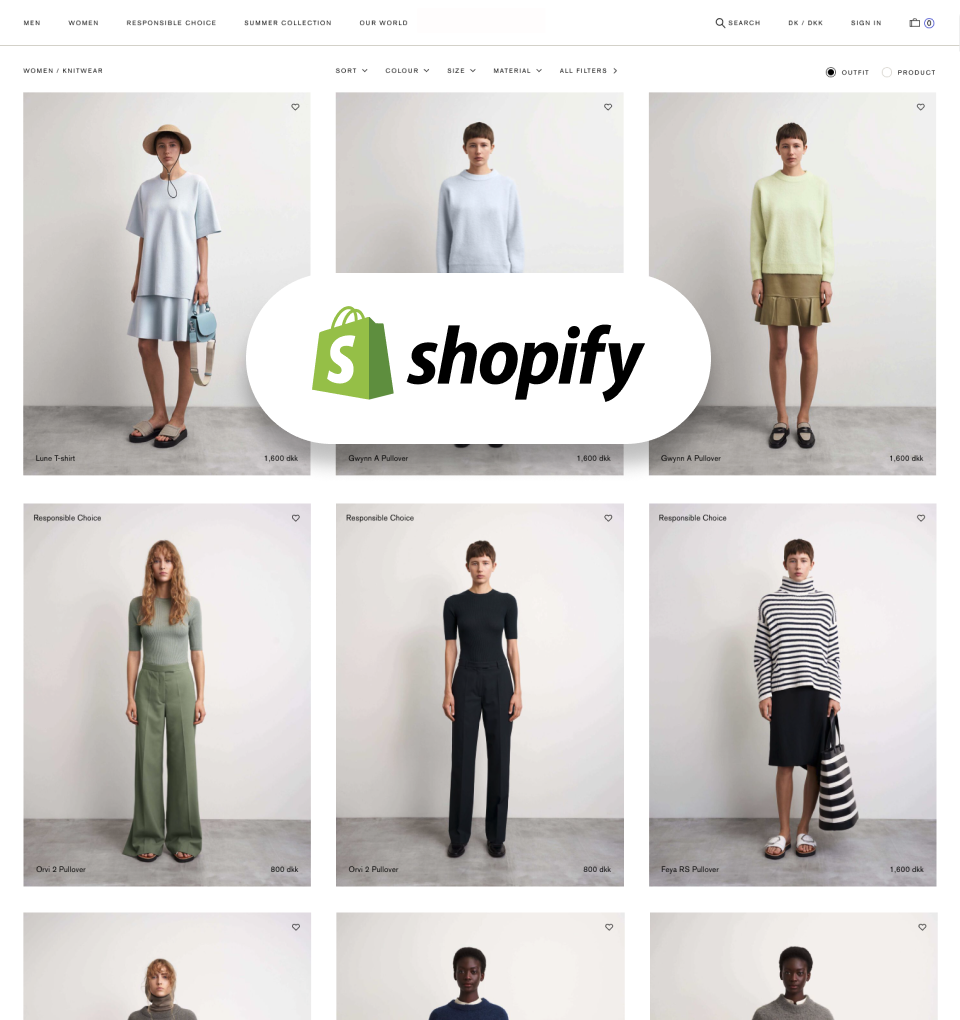 The Shopify logo over a screenshot of an ecommerce site