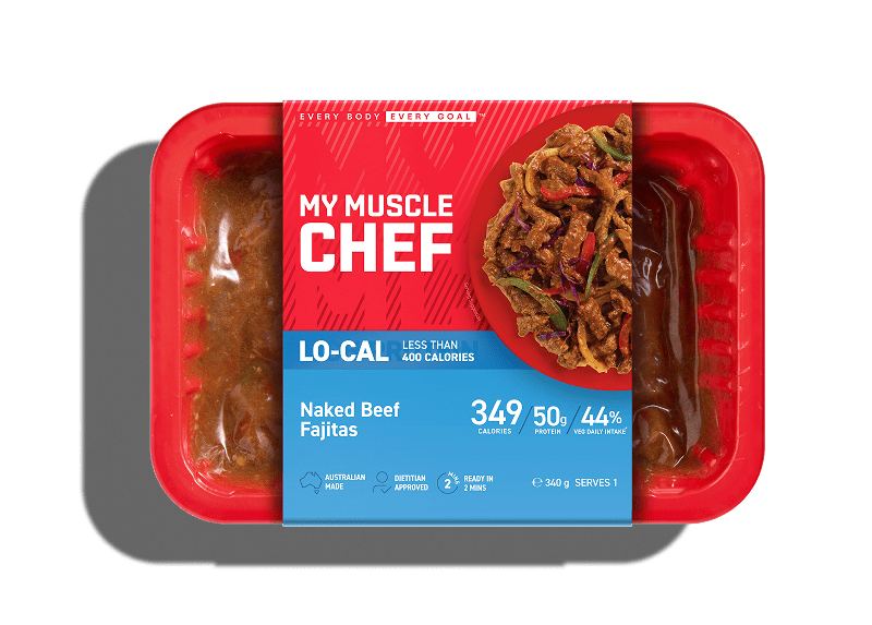 My Muscle Chef Lo-Cal Mongolian Beef meal with Asian greens and brown rice, less than 400 calories, featuring 394 calories, 42g protein, Australian made.