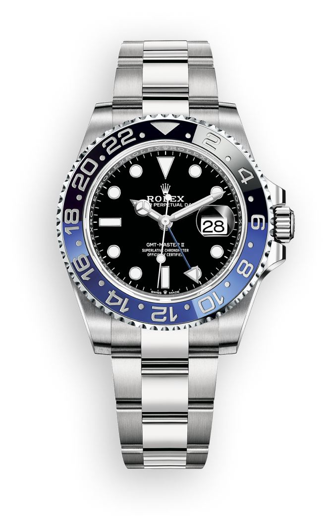 a front facing image of a silver rolex with a black and blue bezel