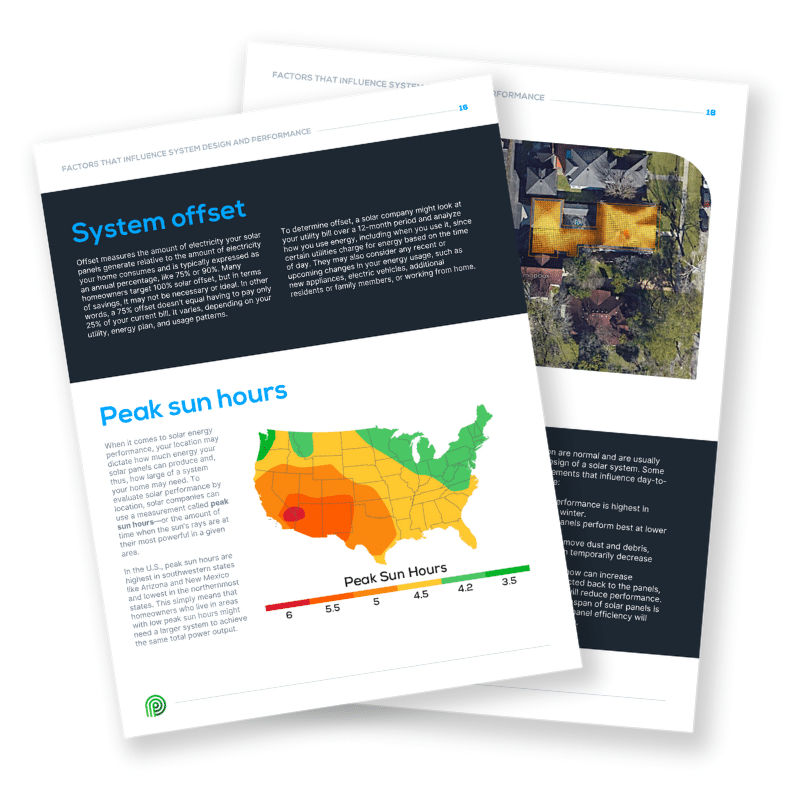 Two pages from Palmetto's Guide to Solar that discusses factors that influence solar energy system performance