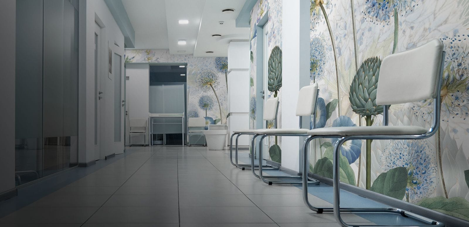 floral wallpaper mural in a dentist waiting room