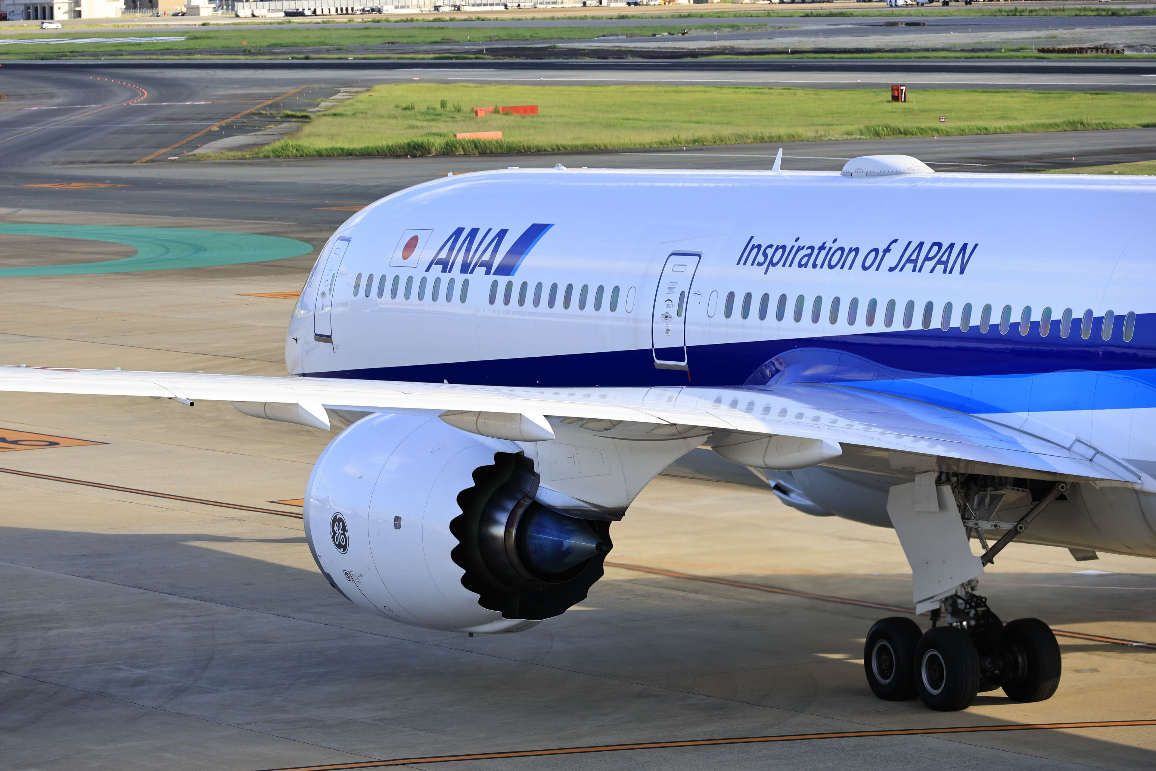 White ANA plane with SAF Flight Initiative logo on the side.