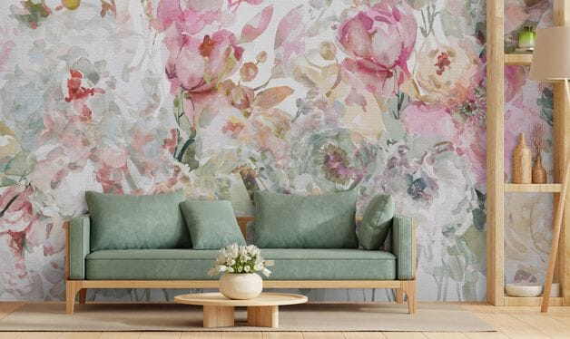pink, white and green abstract floral wall mural in a living room