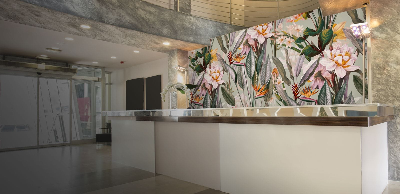 stylish botanical peel and stick wallpaper mural in a office reception