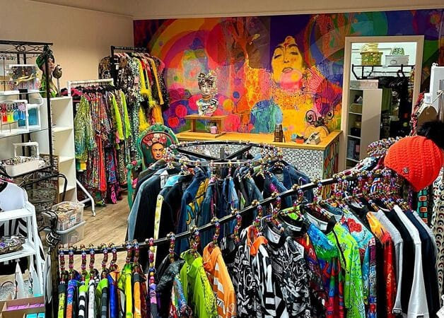 abstract goddess wall mural in a shop