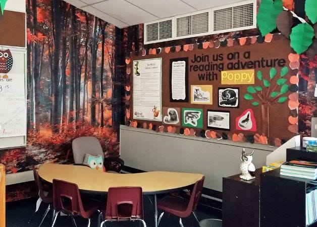 forest wall mural for an american elementary school reading nook