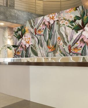 wallpaper murals in hotel lobby