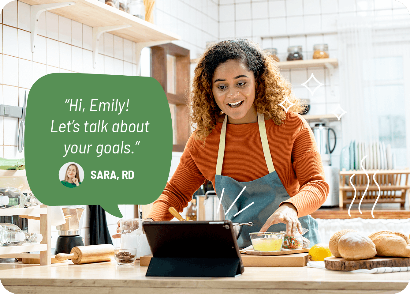 Photo of a happy woman consulting a dietitian about her goals via video chat