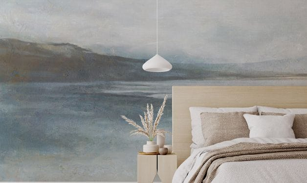 abstract ocean view wallpaper mural in a bedroom