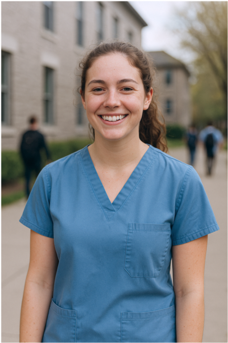 CareYaya student joygiver with curly hair in ponytail and ceil blue scrubs smiles with college campus in background