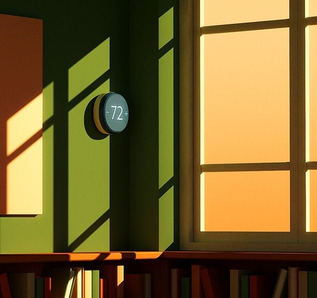 Illustration of smart thermostat on wall in home