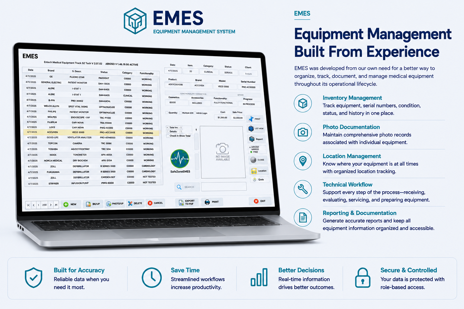 EMES Equipment Management System for medical equipment inventory, tracking, documentation, and workflow management