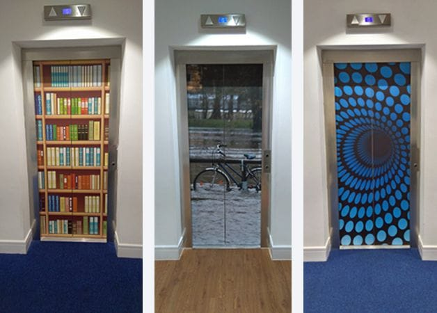 bespoke wall murals on lift doors for the University of Oxford