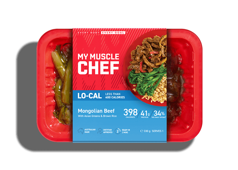 My Muscle Chef Lo-Cal Mongolian Beef meal with Asian greens and brown rice, less than 400 calories, featuring 394 calories, 42g protein, Australian made.
