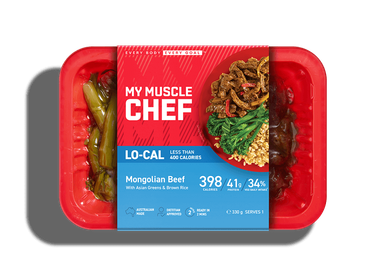 My Muscle Chef Lo-Cal Mongolian Beef meal with Asian greens and brown rice, less than 400 calories, featuring 394 calories, 42g protein, Australian made.