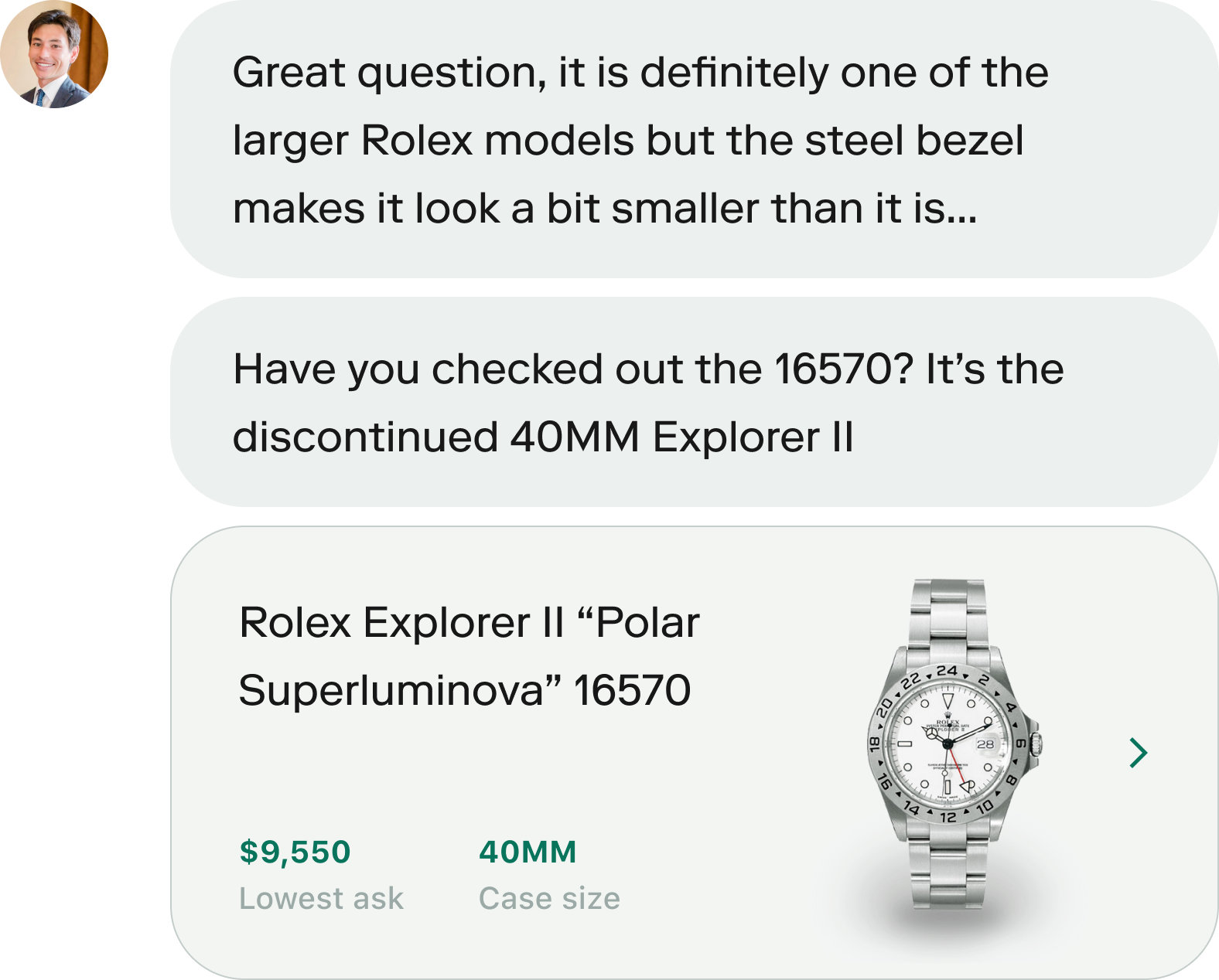 an image of a text message of concierge suggesting a watch that fits the customer's description