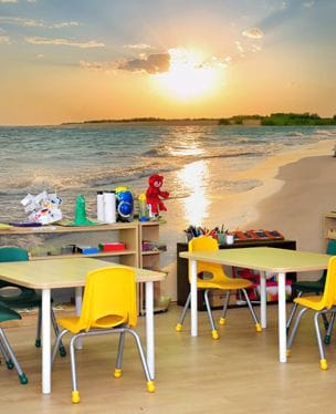 beach sunset wallpaper mural in a SEN school classroom